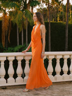 Orange Chiffon A-Line V-Neck Backless Ankle Bridesmaid Dress with Pleated Details - Curvevia
