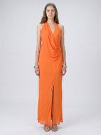 Orange Chiffon A-Line V-Neck Backless Ankle Bridesmaid Dress with Pleated Details - Curvevia