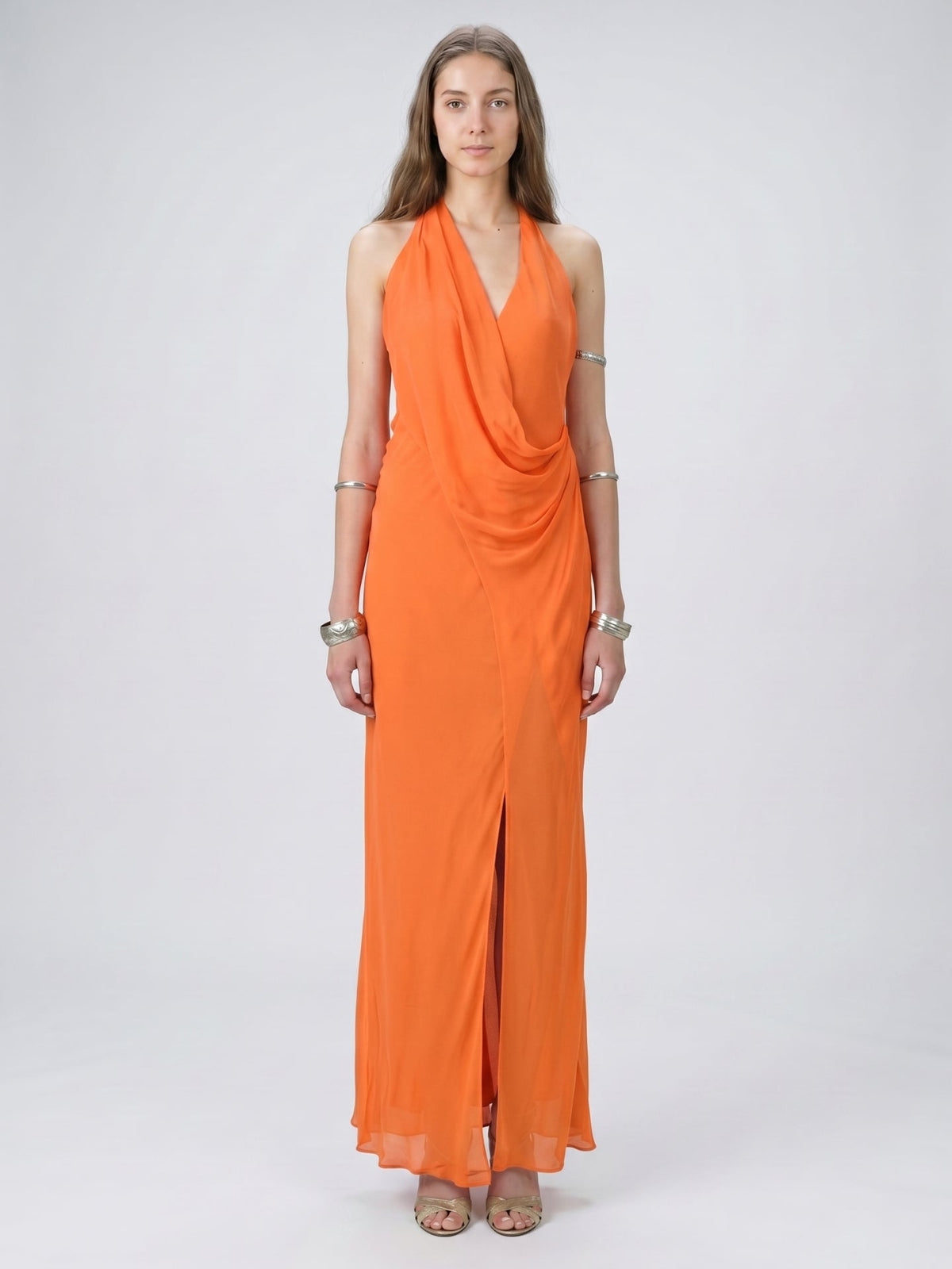Orange Chiffon A-Line V-Neck Backless Ankle Bridesmaid Dress with Pleated Details - Curvevia