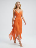 Orange Mesh A-Line V-Neck Asymmetrical Ankle Bridesmaid Dress with Beading - Curvevia