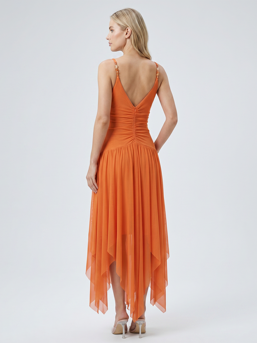 Orange Mesh A-Line V-Neck Asymmetrical Ankle Bridesmaid Dress with Beading - Curvevia