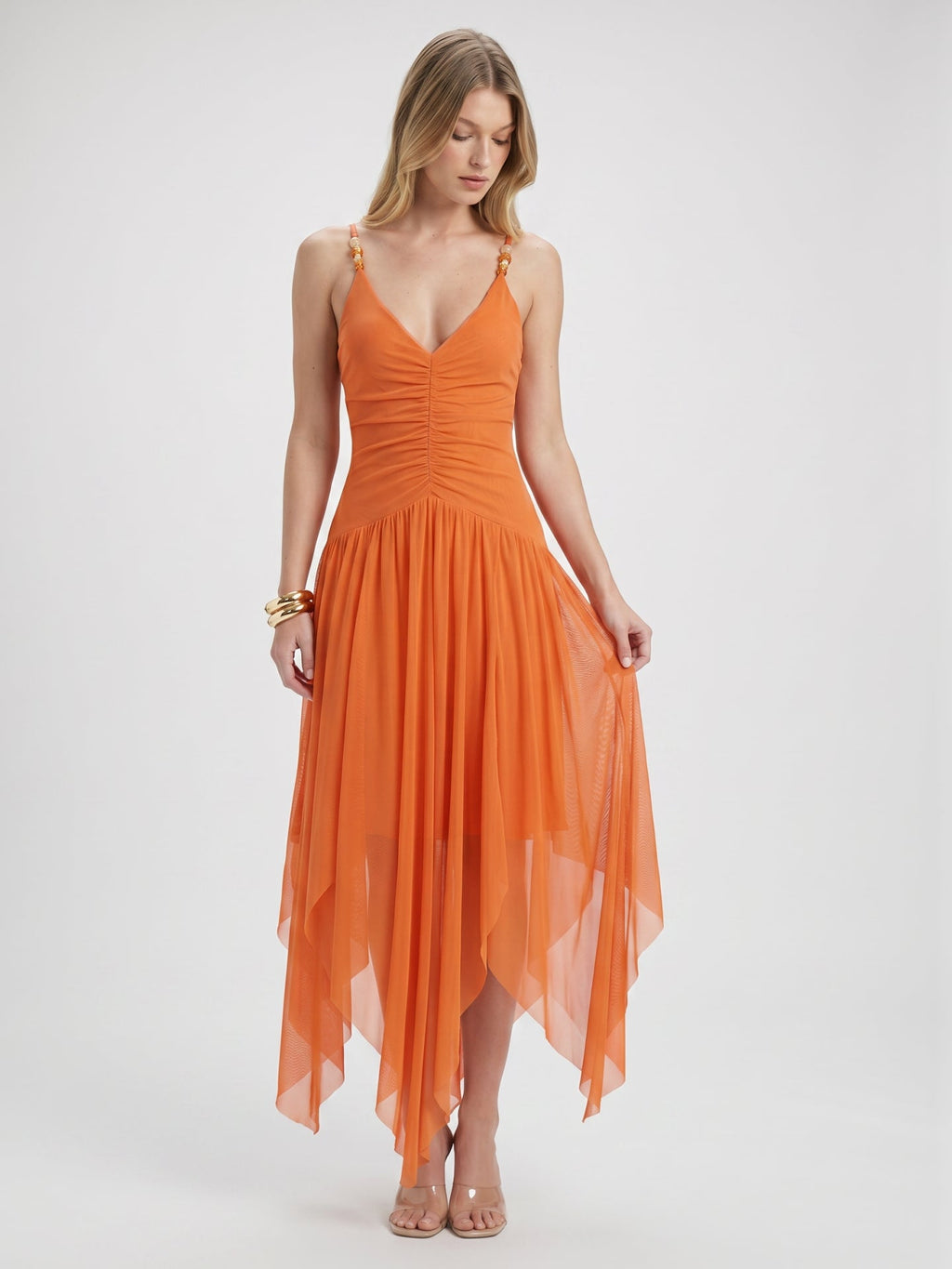 Orange Mesh A-Line V-Neck Asymmetrical Ankle Bridesmaid Dress with Beading - Curvevia