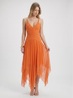 Orange Mesh A-Line V-Neck Asymmetrical Ankle Bridesmaid Dress with Beading - Curvevia