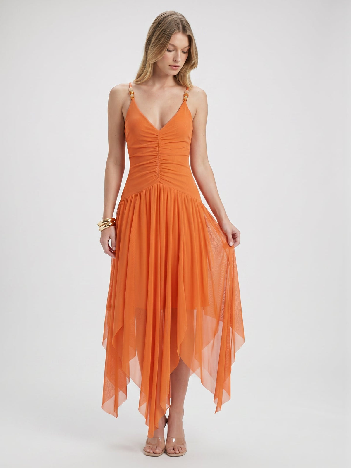 Orange Mesh A-Line V-Neck Asymmetrical Ankle Bridesmaid Dress with Beading - Curvevia