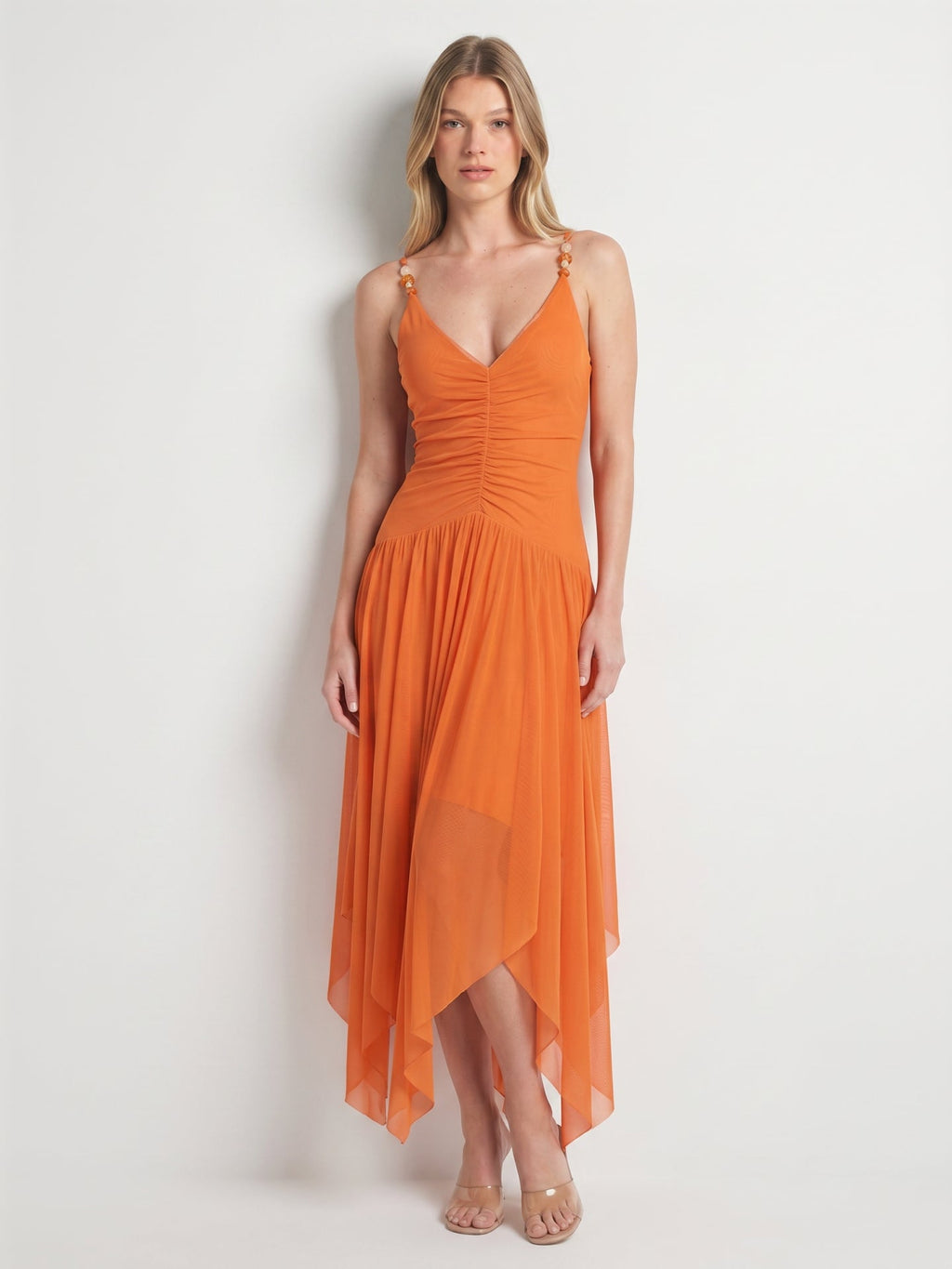 Orange Mesh A-Line V-Neck Asymmetrical Ankle Bridesmaid Dress with Beading - Curvevia