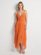 Orange Mesh A-Line V-Neck Asymmetrical Ankle Bridesmaid Dress with Beading - Curvevia