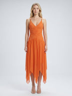Orange Mesh A-Line V-Neck Asymmetrical Ankle Bridesmaid Dress with Beading - Curvevia