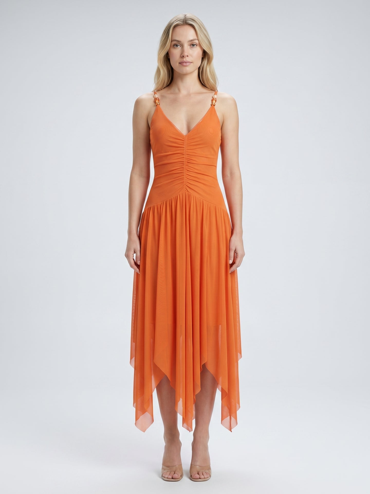 Orange Mesh A-Line V-Neck Asymmetrical Ankle Bridesmaid Dress with Beading - Curvevia