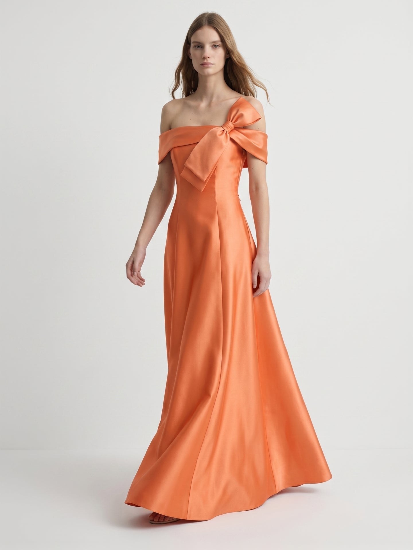 Orange Satin A-Line Off-the-Shoulder Back Zip Floor-Length Bridesmaid Dress with Bow - Curvevia