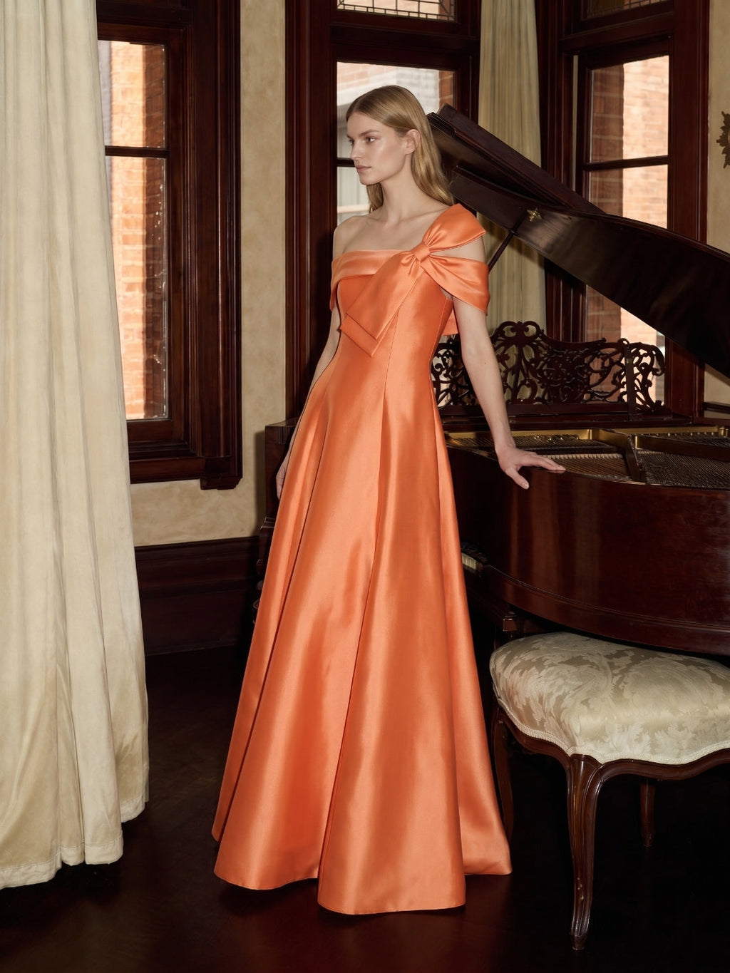 Orange Satin A-Line Off-the-Shoulder Back Zip Floor-Length Bridesmaid Dress with Bow - Curvevia