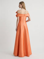 Orange Satin A-Line Off-the-Shoulder Back Zip Floor-Length Bridesmaid Dress with Bow - Curvevia