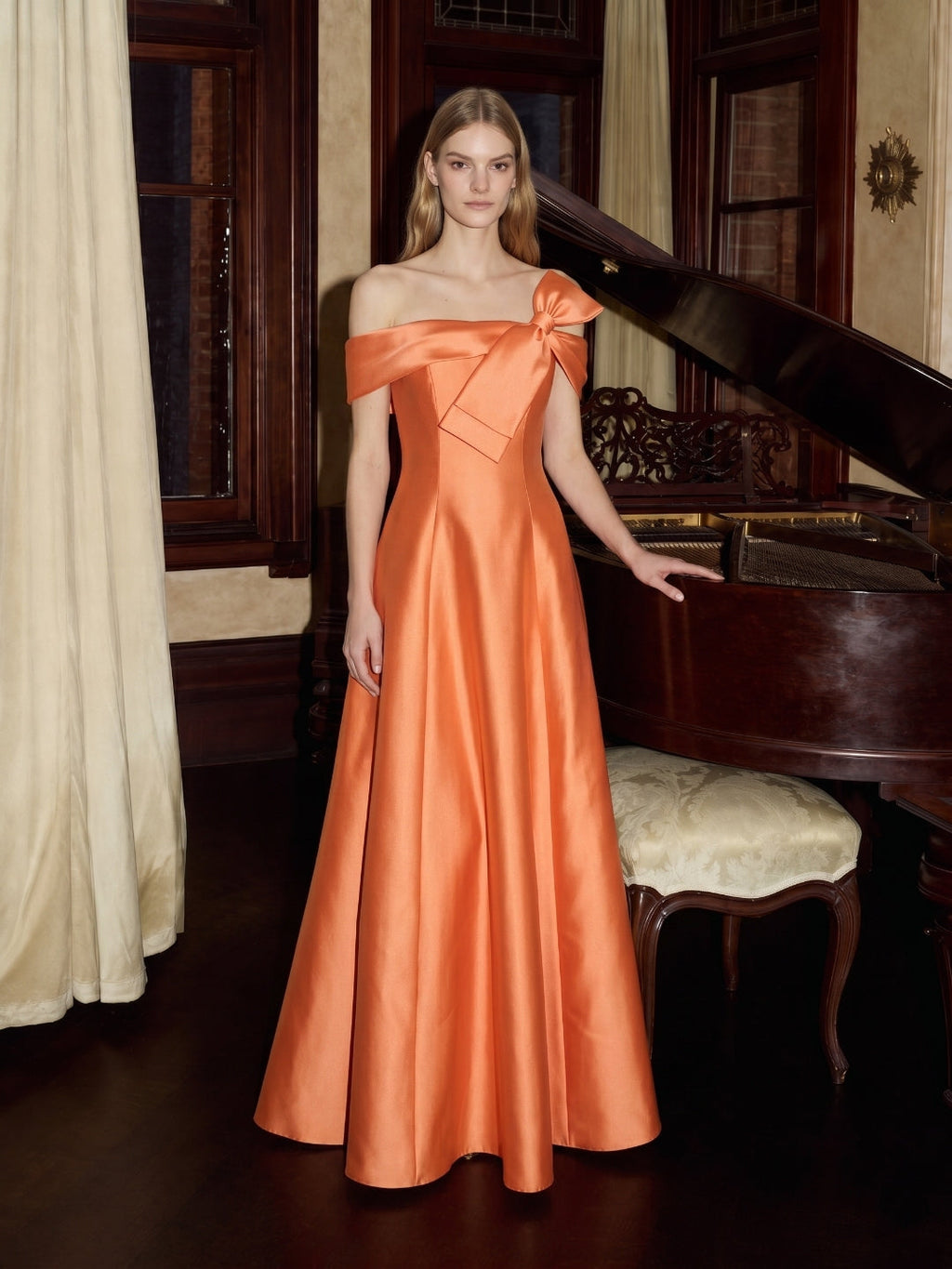 Orange Satin A-Line Off-the-Shoulder Back Zip Floor-Length Bridesmaid Dress with Bow - Curvevia