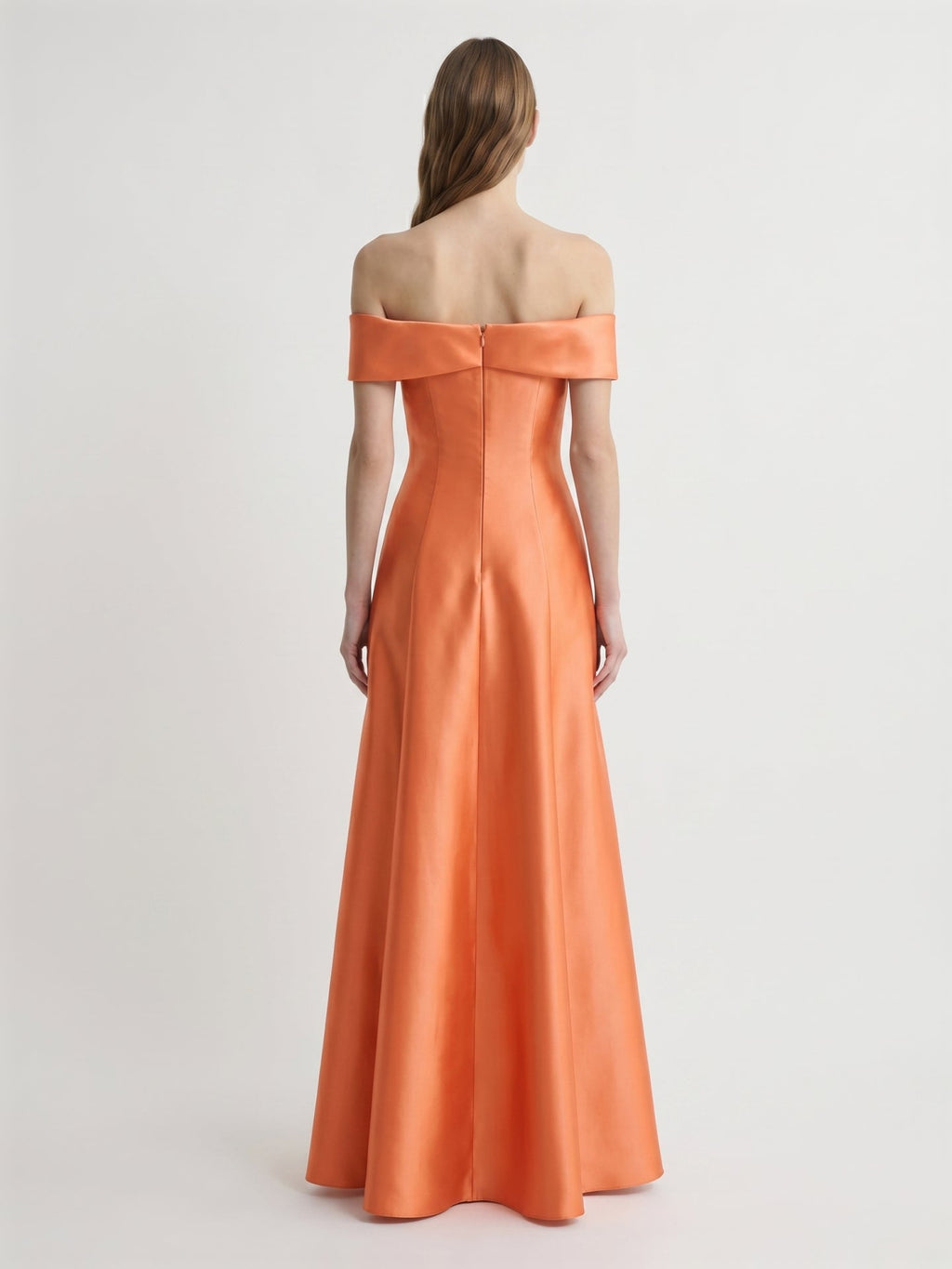 Orange Satin A-Line Off-the-Shoulder Back Zip Floor-Length Bridesmaid Dress with Bow - Curvevia