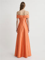 Orange Satin A-Line Off-the-Shoulder Back Zip Floor-Length Bridesmaid Dress with Bow - Curvevia