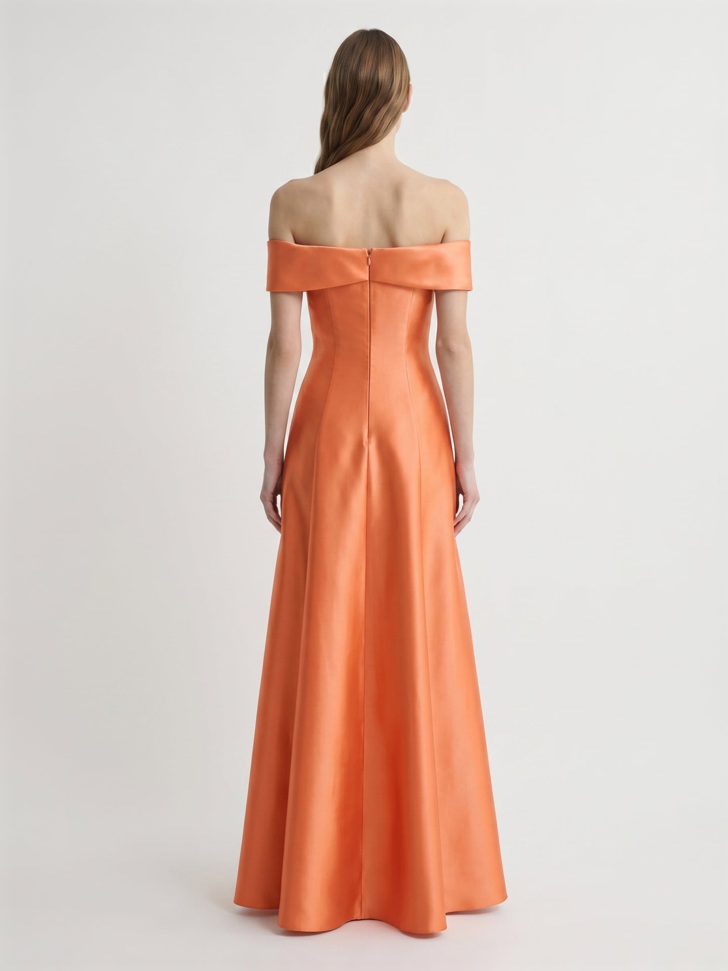 Orange Satin A-Line Off-the-Shoulder Back Zip Floor-Length Bridesmaid Dress with Bow - Curvevia