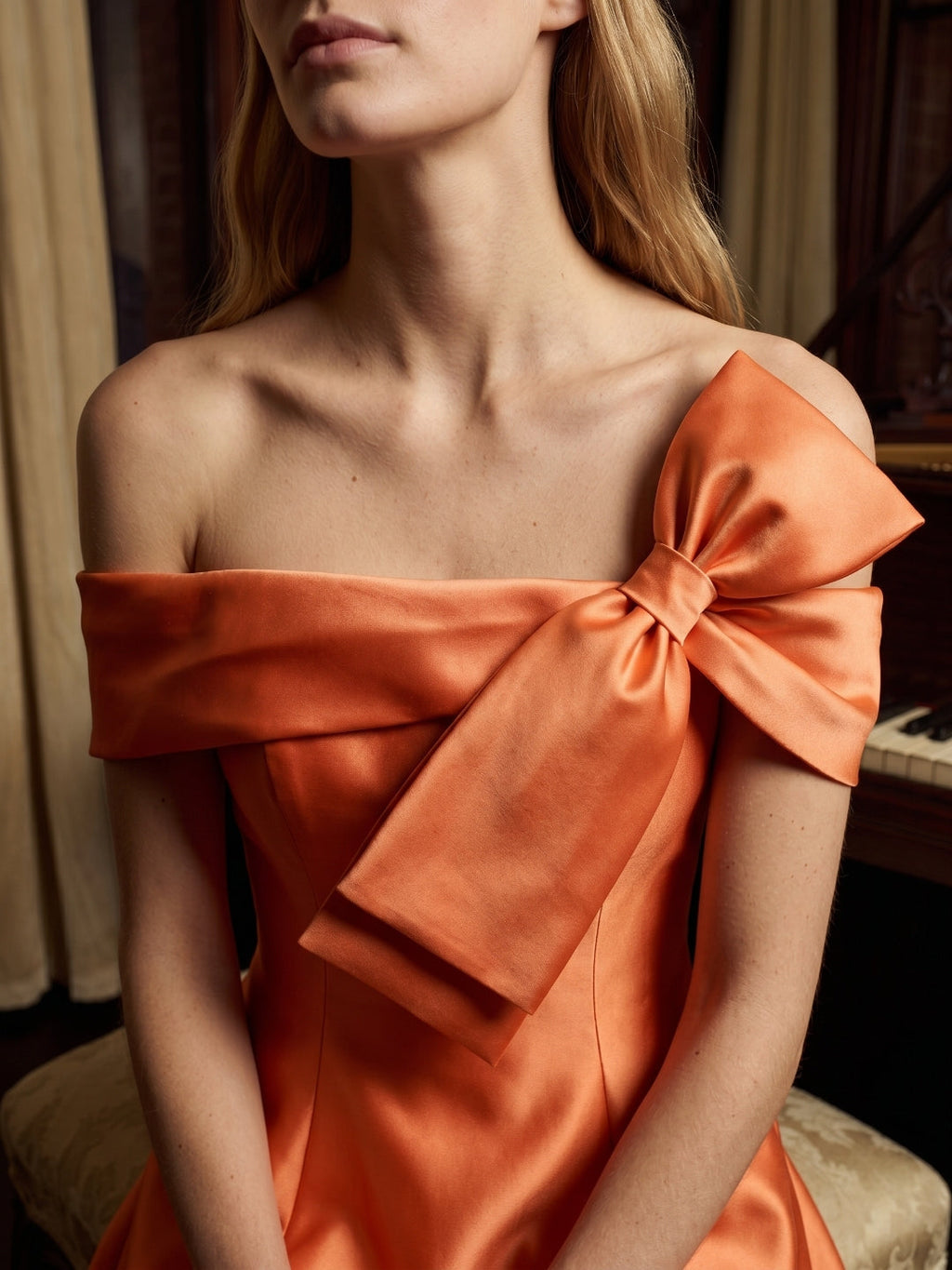 Orange Satin A-Line Off-the-Shoulder Back Zip Floor-Length Bridesmaid Dress with Bow - Curvevia