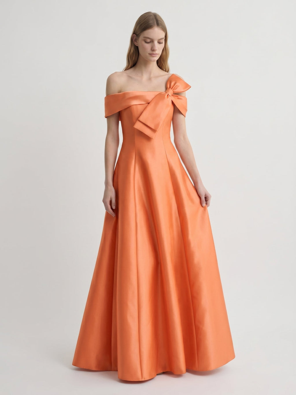 Orange Satin A-Line Off-the-Shoulder Back Zip Floor-Length Bridesmaid Dress with Bow - Curvevia