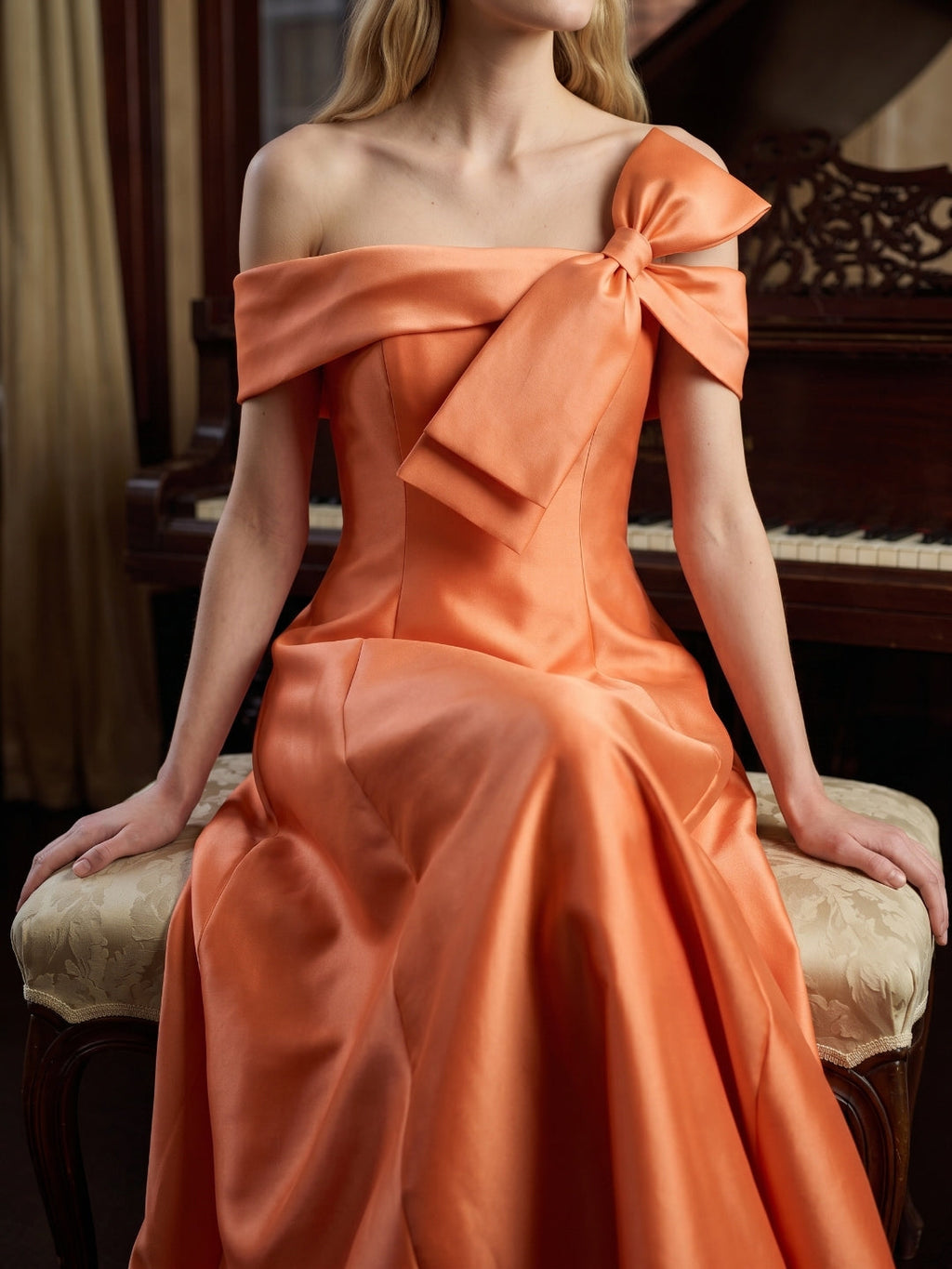 Orange Satin A-Line Off-the-Shoulder Back Zip Floor-Length Bridesmaid Dress with Bow - Curvevia