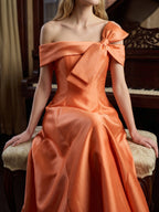 Orange Satin A-Line Off-the-Shoulder Back Zip Floor-Length Bridesmaid Dress with Bow - Curvevia