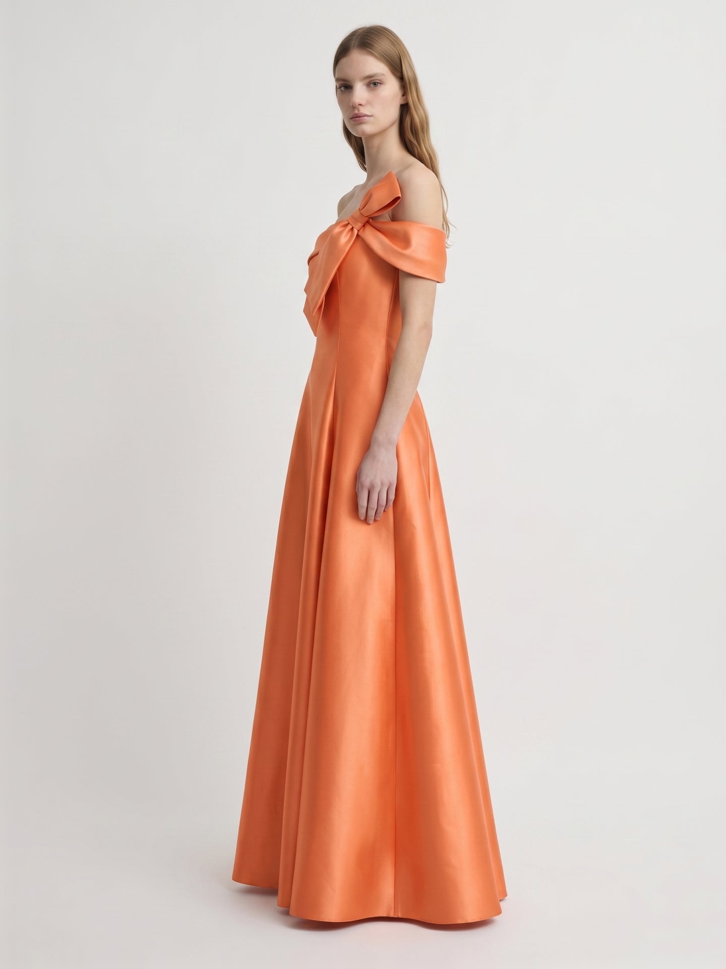 Orange Satin A-Line Off-the-Shoulder Back Zip Floor-Length Bridesmaid Dress with Bow - Curvevia