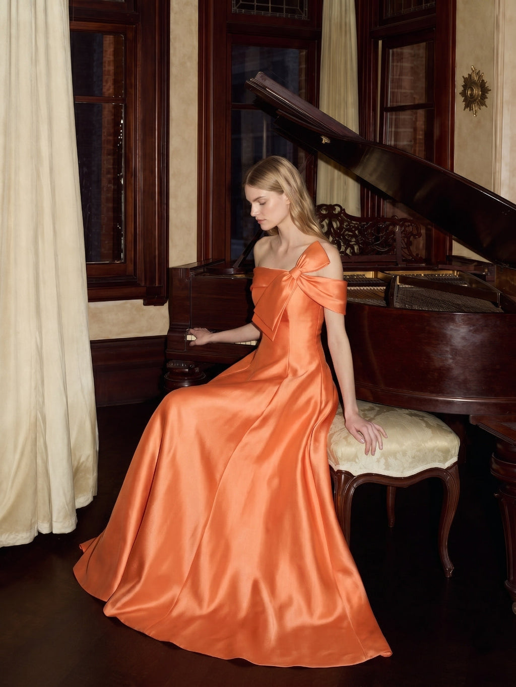 Orange Satin A-Line Off-the-Shoulder Back Zip Floor-Length Bridesmaid Dress with Bow - Curvevia