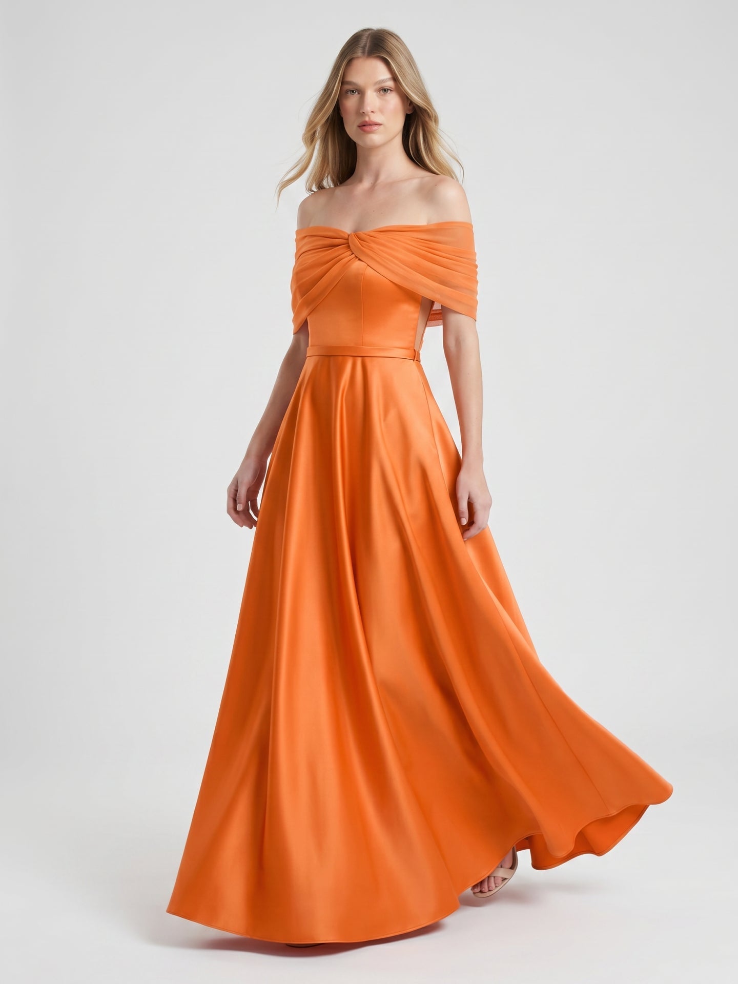 Orange Satin A-Line Off-the-Shoulder Floor-Length Bridesmaid Dress with Pleats - Curvevia