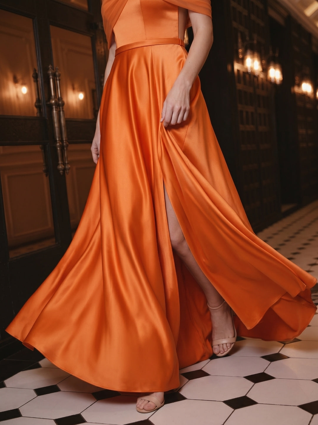 Orange Satin A-Line Off-the-Shoulder Floor-Length Bridesmaid Dress with Pleats - Curvevia