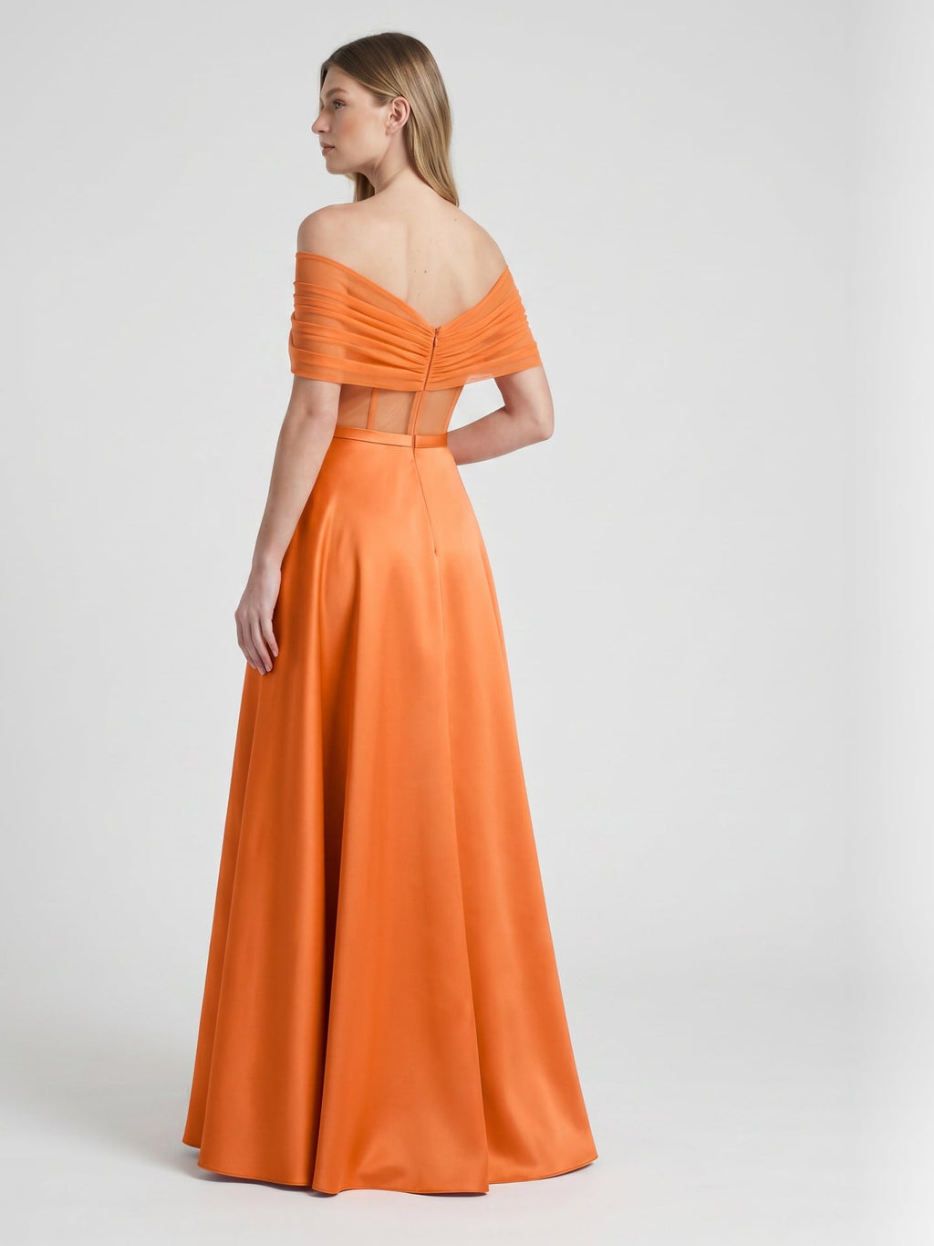Orange Satin A-Line Off-the-Shoulder Floor-Length Bridesmaid Dress with Pleats - Curvevia