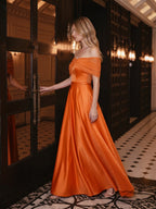Orange Satin A-Line Off-the-Shoulder Floor-Length Bridesmaid Dress with Pleats - Curvevia