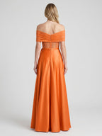 Orange Satin A-Line Off-the-Shoulder Floor-Length Bridesmaid Dress with Pleats - Curvevia