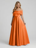 Orange Satin A-Line Off-the-Shoulder Floor-Length Bridesmaid Dress with Pleats - Curvevia
