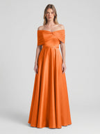 Orange Satin A-Line Off-the-Shoulder Floor-Length Bridesmaid Dress with Pleats - Curvevia