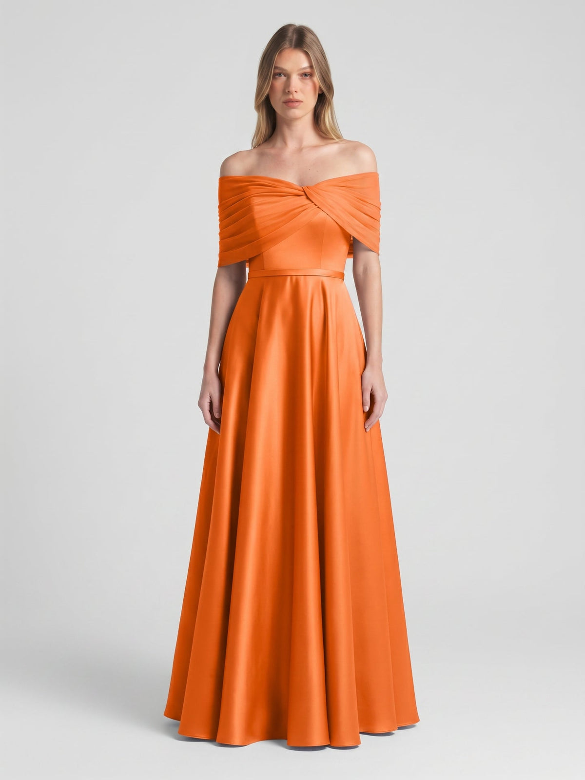 Orange Satin A-Line Off-the-Shoulder Floor-Length Bridesmaid Dress with Pleats - Curvevia