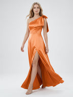 Orange Satin A-Line One Shoulder Back Zip Floor-Length Bridesmaid Dress with Bow - Curvevia