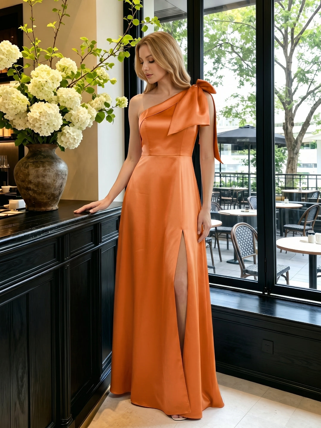Orange Satin A-Line One Shoulder Back Zip Floor-Length Bridesmaid Dress with Bow - Curvevia