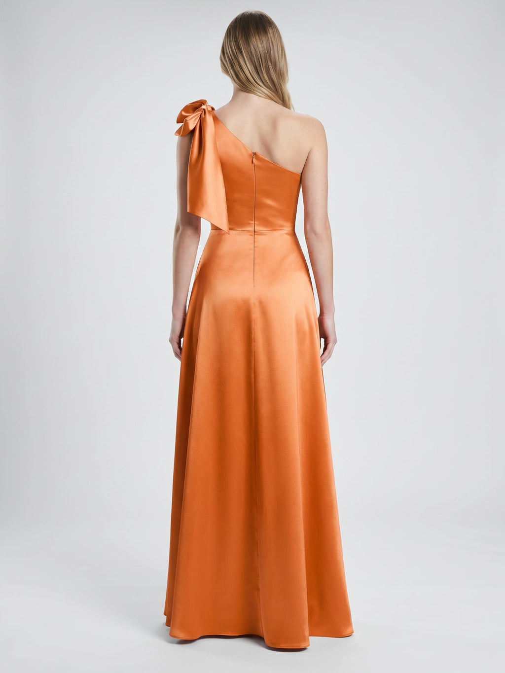 Orange Satin A-Line One Shoulder Back Zip Floor-Length Bridesmaid Dress with Bow - Curvevia