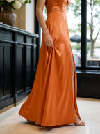 Orange Satin A-Line One Shoulder Back Zip Floor-Length Bridesmaid Dress with Bow - Curvevia