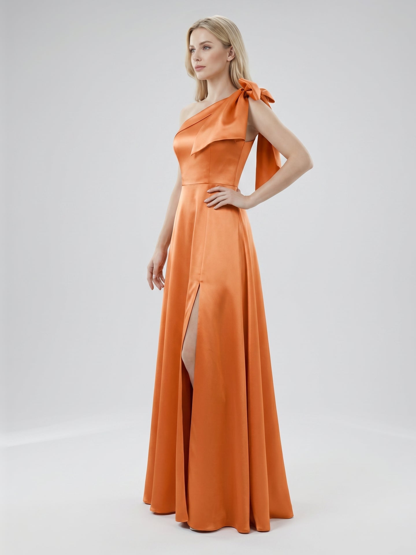 Orange Satin A-Line One Shoulder Back Zip Floor-Length Bridesmaid Dress with Bow - Curvevia