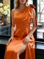 Orange Satin A-Line One Shoulder Back Zip Floor-Length Bridesmaid Dress with Bow - Curvevia