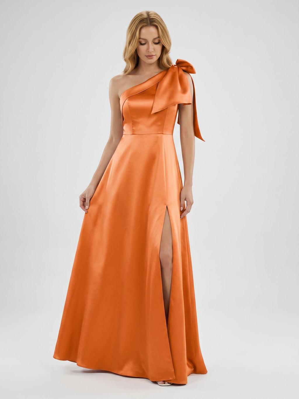 Orange Satin A-Line One Shoulder Back Zip Floor-Length Bridesmaid Dress with Bow - Curvevia