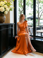Orange Satin A-Line One Shoulder Back Zip Floor-Length Bridesmaid Dress with Bow - Curvevia