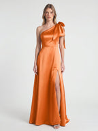 Orange Satin A-Line One Shoulder Back Zip Floor-Length Bridesmaid Dress with Bow - Curvevia