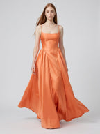 Orange Satin A-Line Square Neck Back Zip Floor-Length Bridesmaid Dress with Pleats - Curvevia