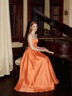 Orange Satin A-Line Square Neck Back Zip Floor-Length Bridesmaid Dress with Pleats - Curvevia