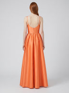 Orange Satin A-Line Square Neck Back Zip Floor-Length Bridesmaid Dress with Pleats - Curvevia