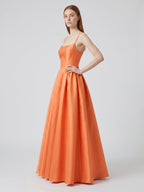 Orange Satin A-Line Square Neck Back Zip Floor-Length Bridesmaid Dress with Pleats - Curvevia