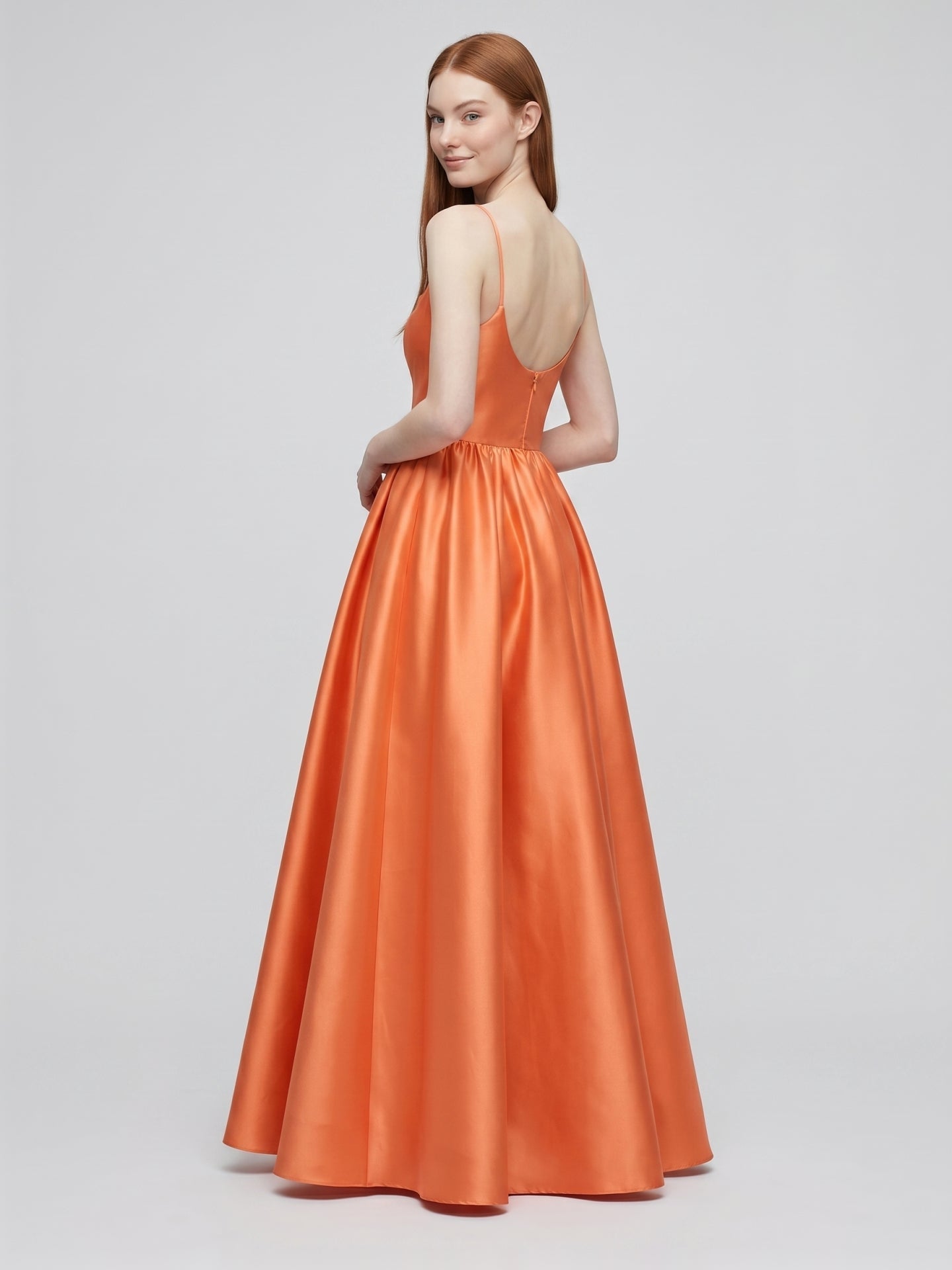 Orange Satin A-Line Square Neck Back Zip Floor-Length Bridesmaid Dress with Pleats - Curvevia