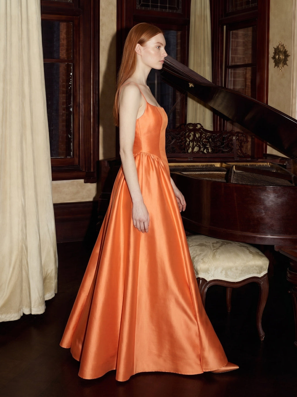 Orange Satin A-Line Square Neck Back Zip Floor-Length Bridesmaid Dress with Pleats - Curvevia