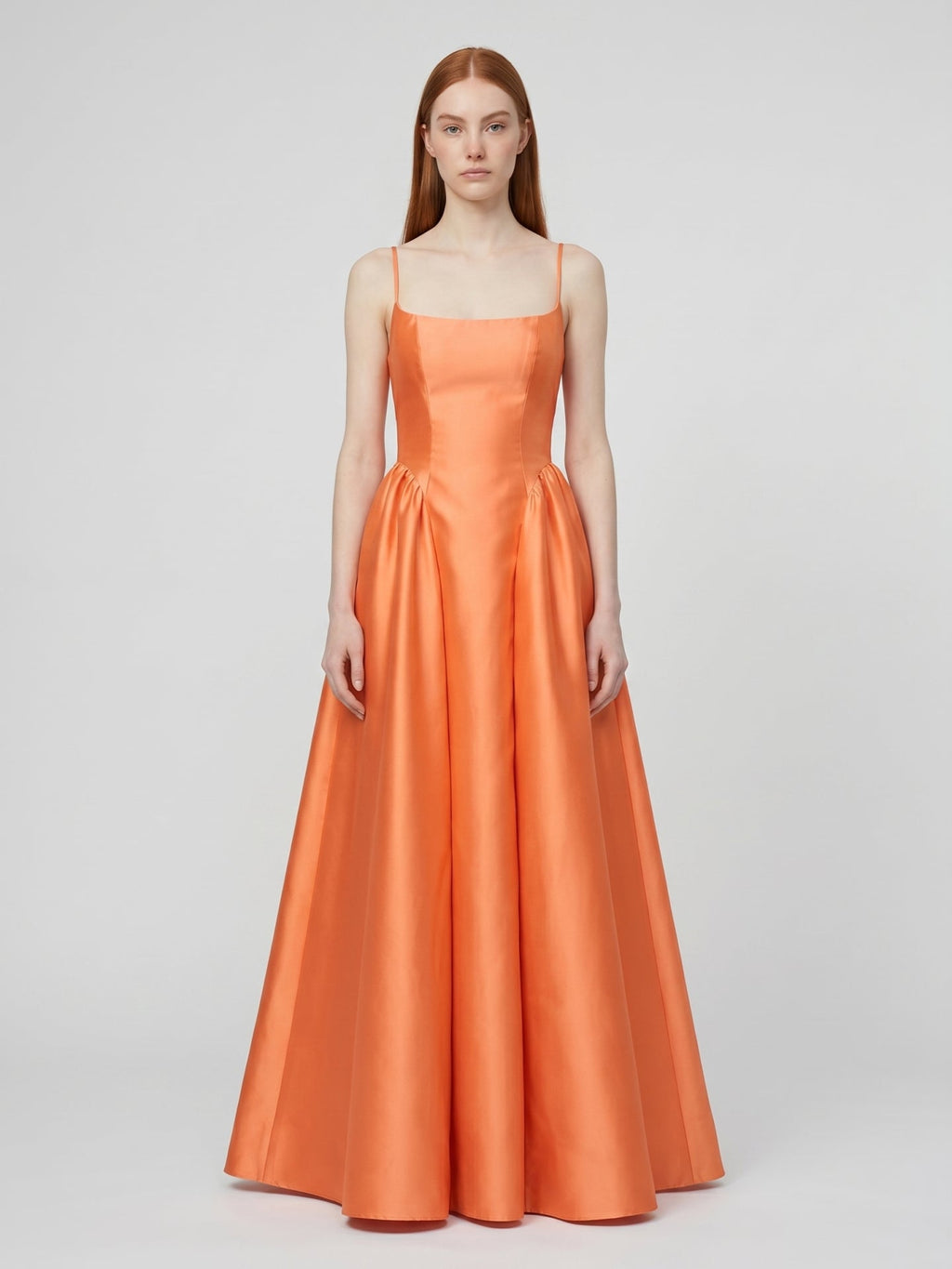 Orange Satin A-Line Square Neck Back Zip Floor-Length Bridesmaid Dress with Pleats - Curvevia