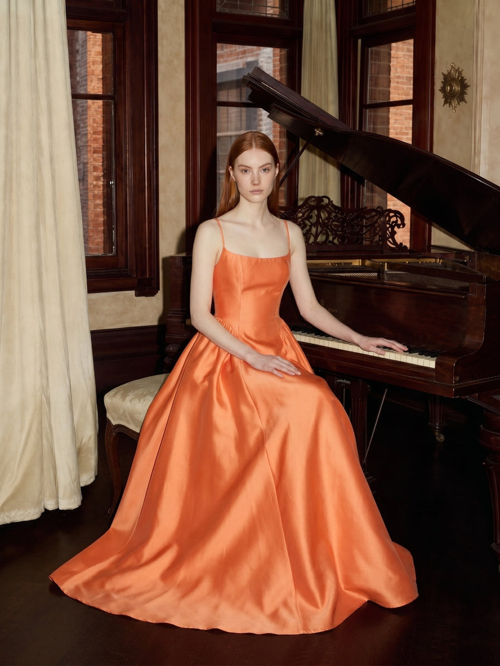 Orange Satin A-Line Square Neck Back Zip Floor-Length Bridesmaid Dress with Pleats - Curvevia